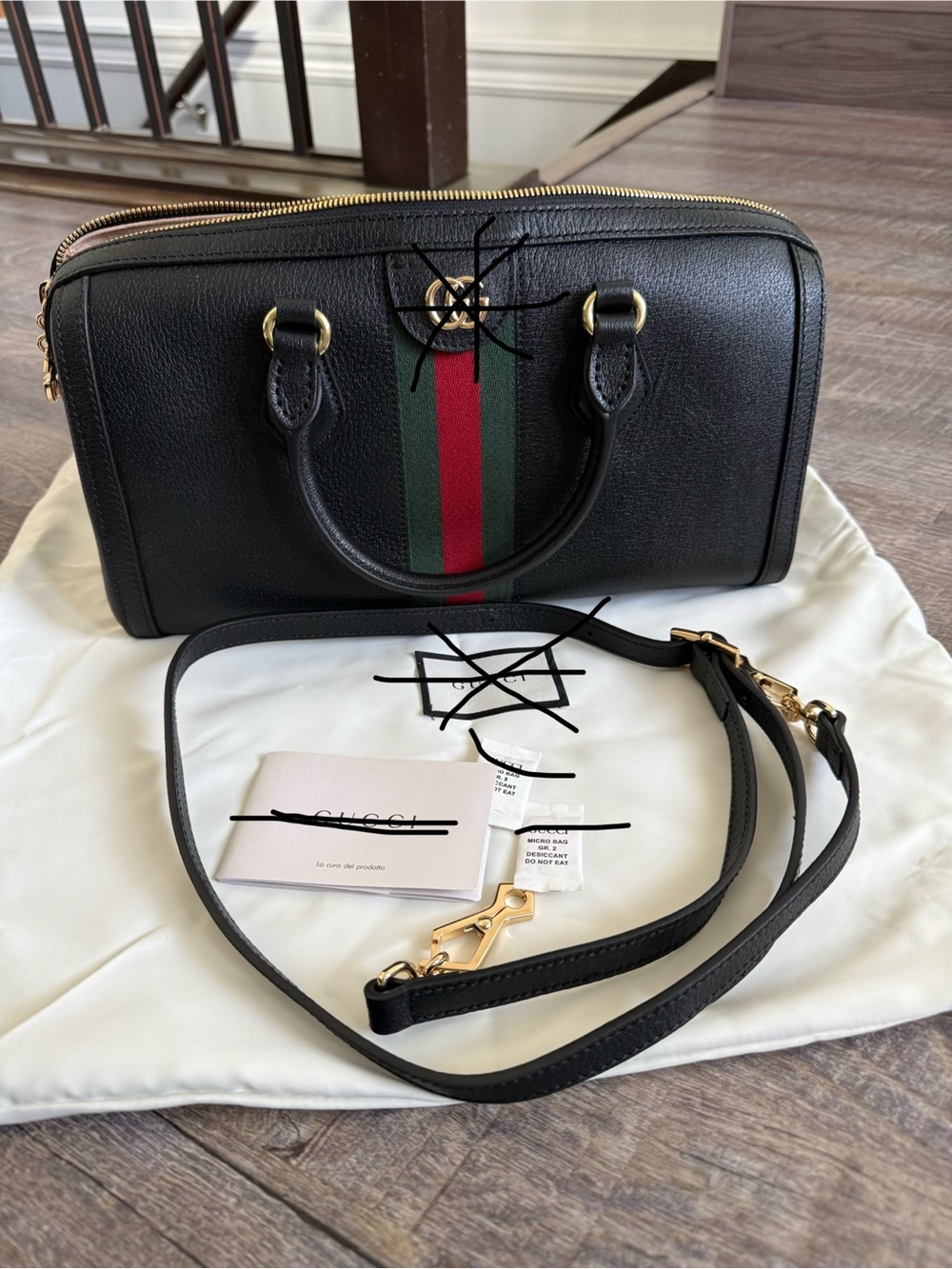 Black Leather Top-Handle Bag with Green-Red Stripe